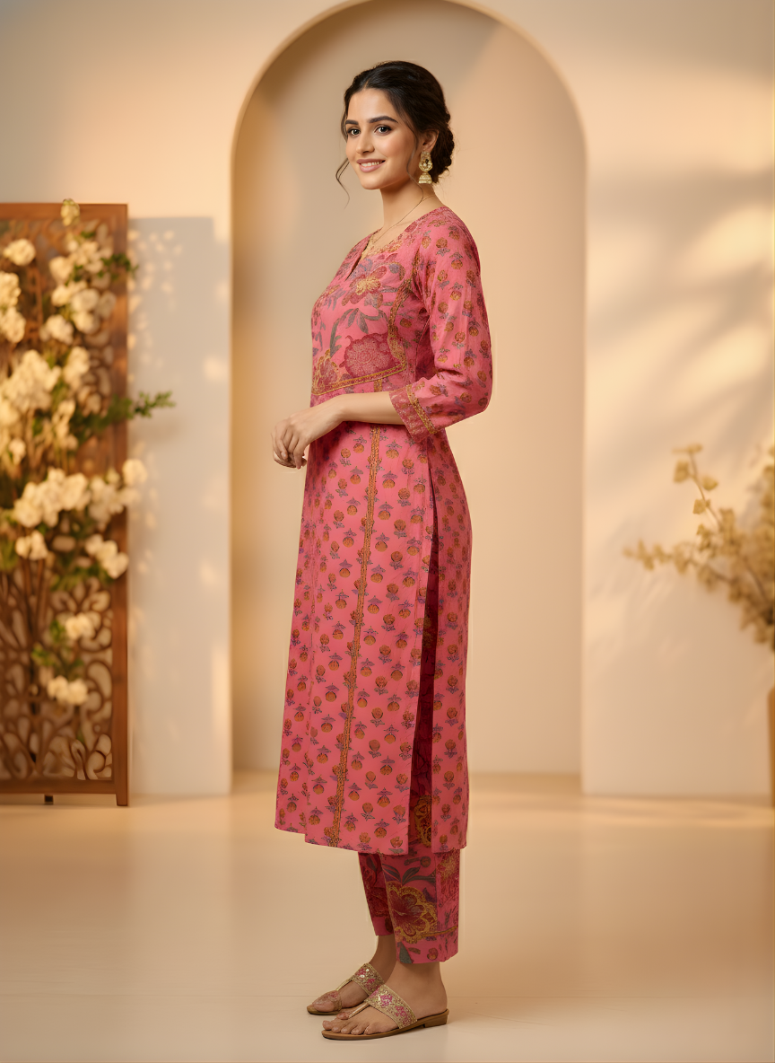 Pink floral printed cotton kurti for women