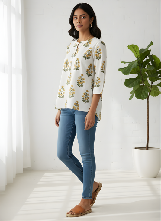 Yellow floral printed cotton top for women by Neelufer Creation