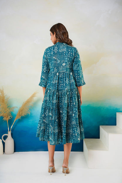 Neelufer Creation indigo printed pure cotton dress front view