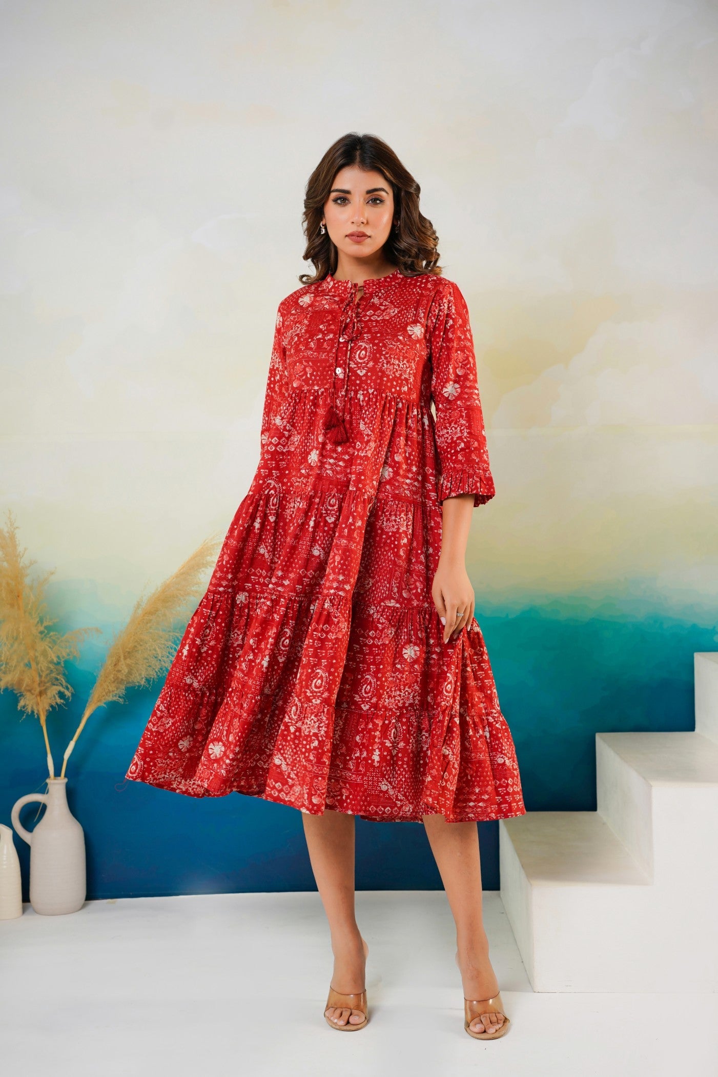Pure cotton red floral midi dress wholesale women wear