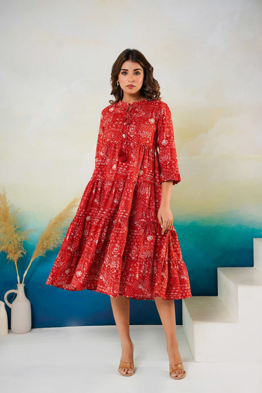 Pure cotton red floral midi dress wholesale women wear
