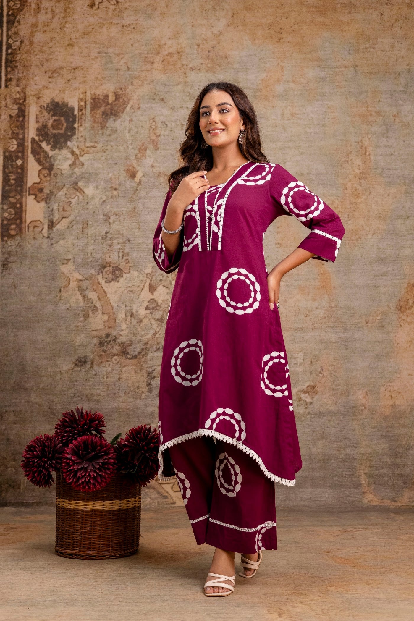 Wine bandhani print kurta set for women wholesale