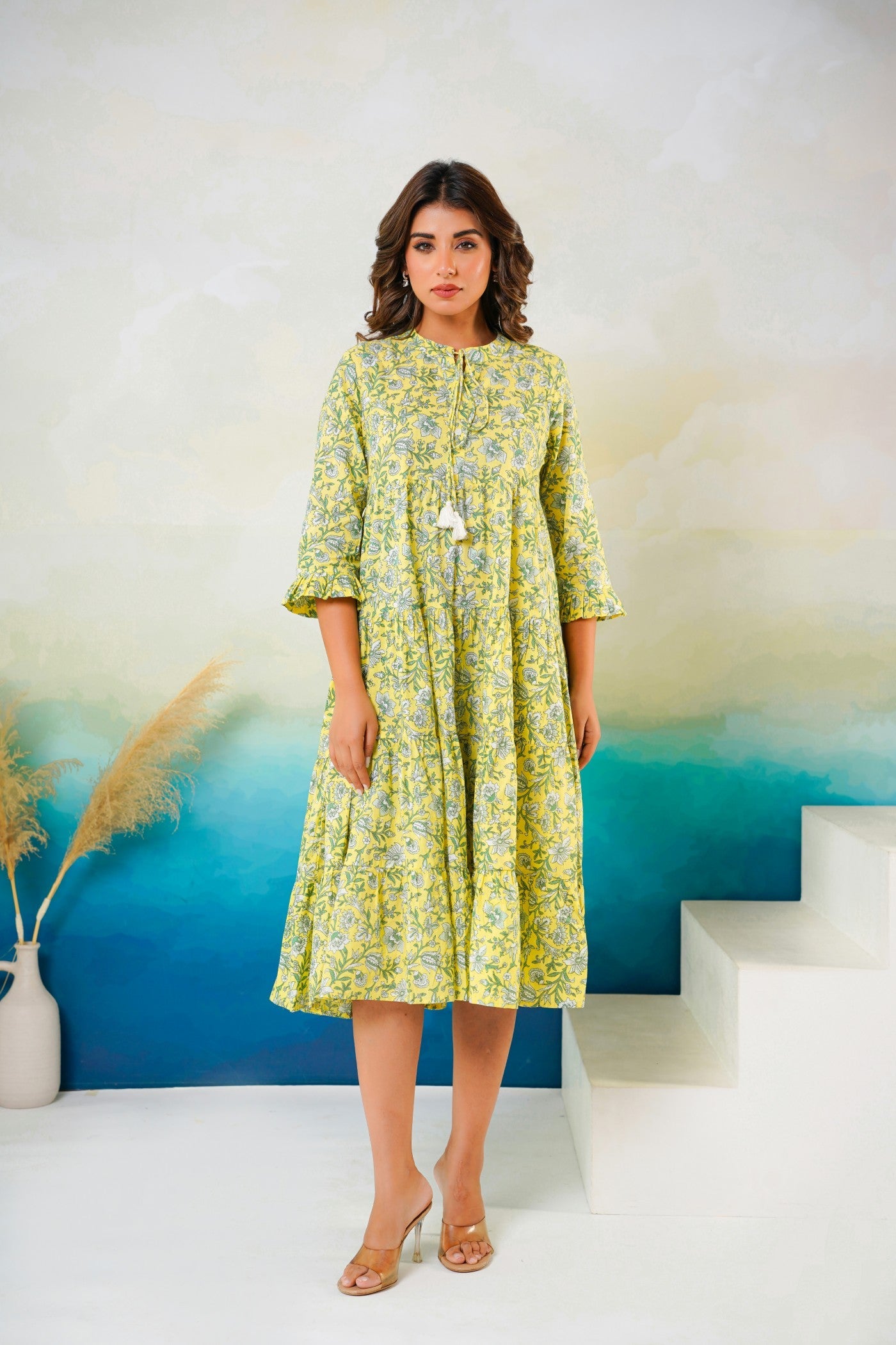 Green floral cotton midi dress manufacturer India