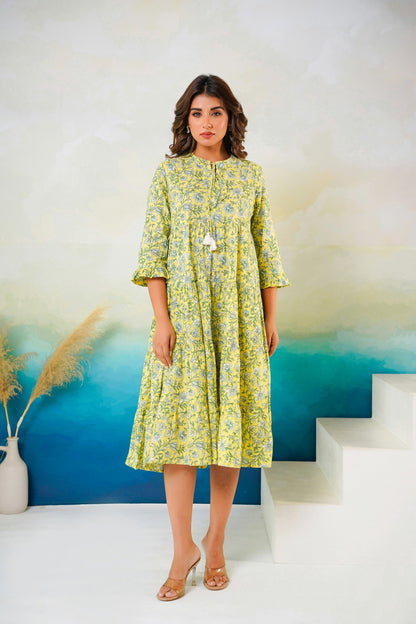 Green floral cotton midi dress manufacturer India