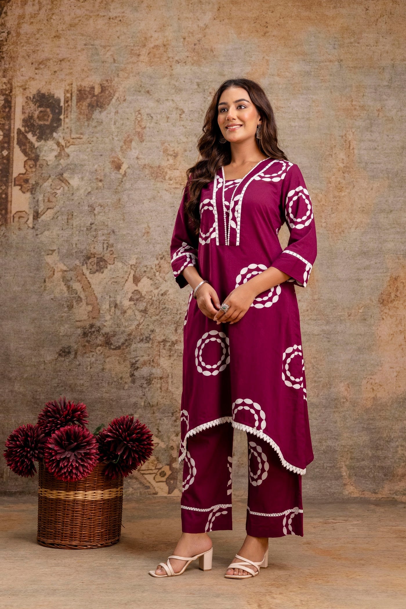Front view wine printed kurta pant set
