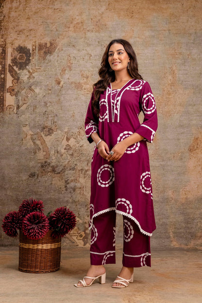 Front view wine printed kurta pant set