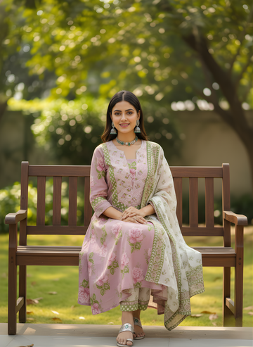 Neelufer Creation pure cotton pink floral dupatta set