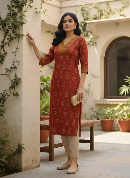 Aaronee ethnic wear rust handblock cotton outfit