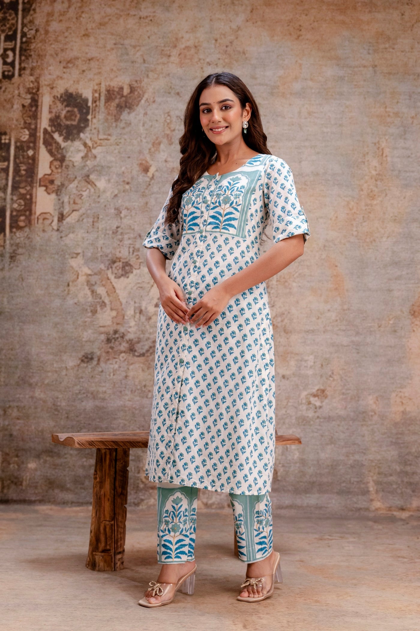 Blue and white festive ethnic kurta pant set