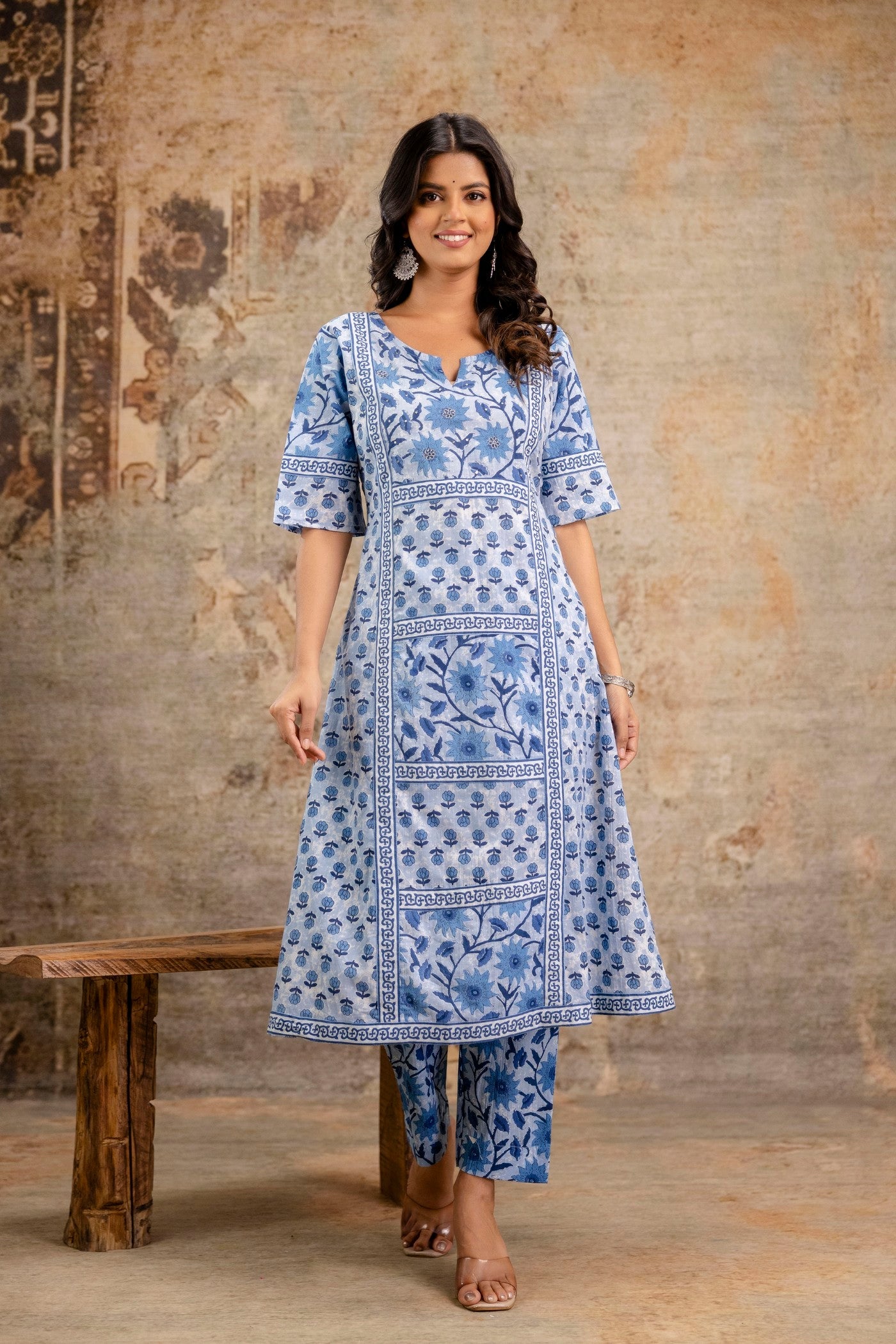 Blue cotton floral printed suit with dupatta