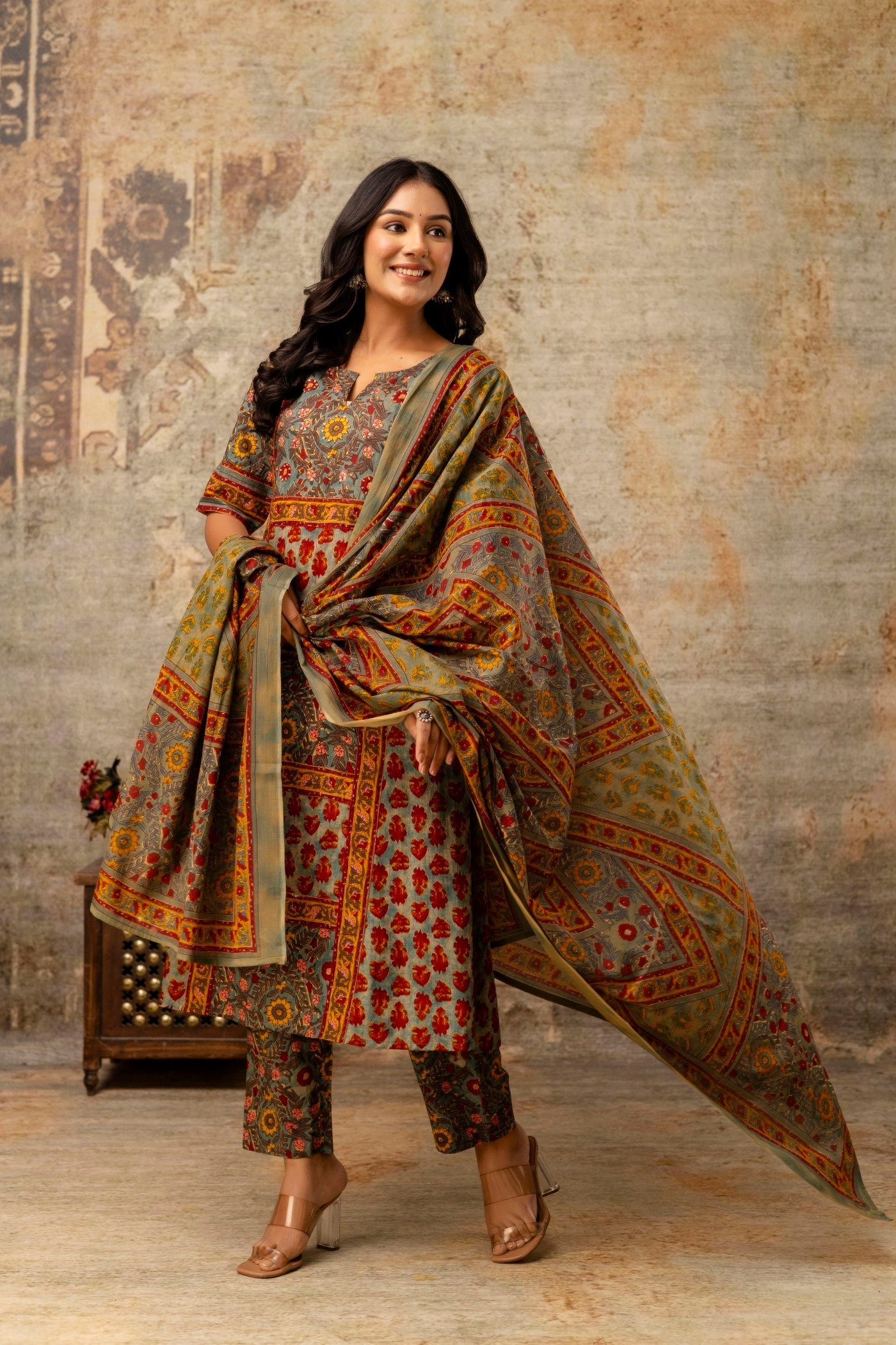Bordered printed dupatta with matching suit