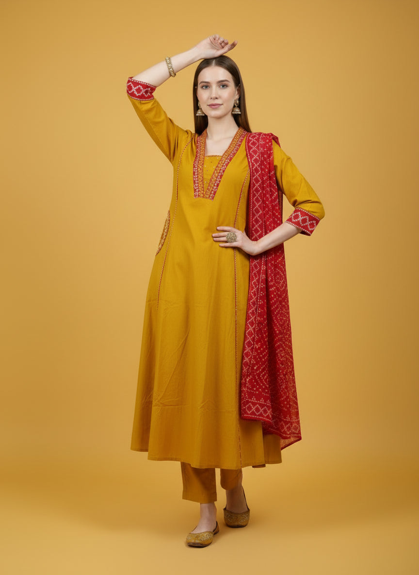 Mustard Cotton Dupatta Set Wholesale Women Wear Manufacturer