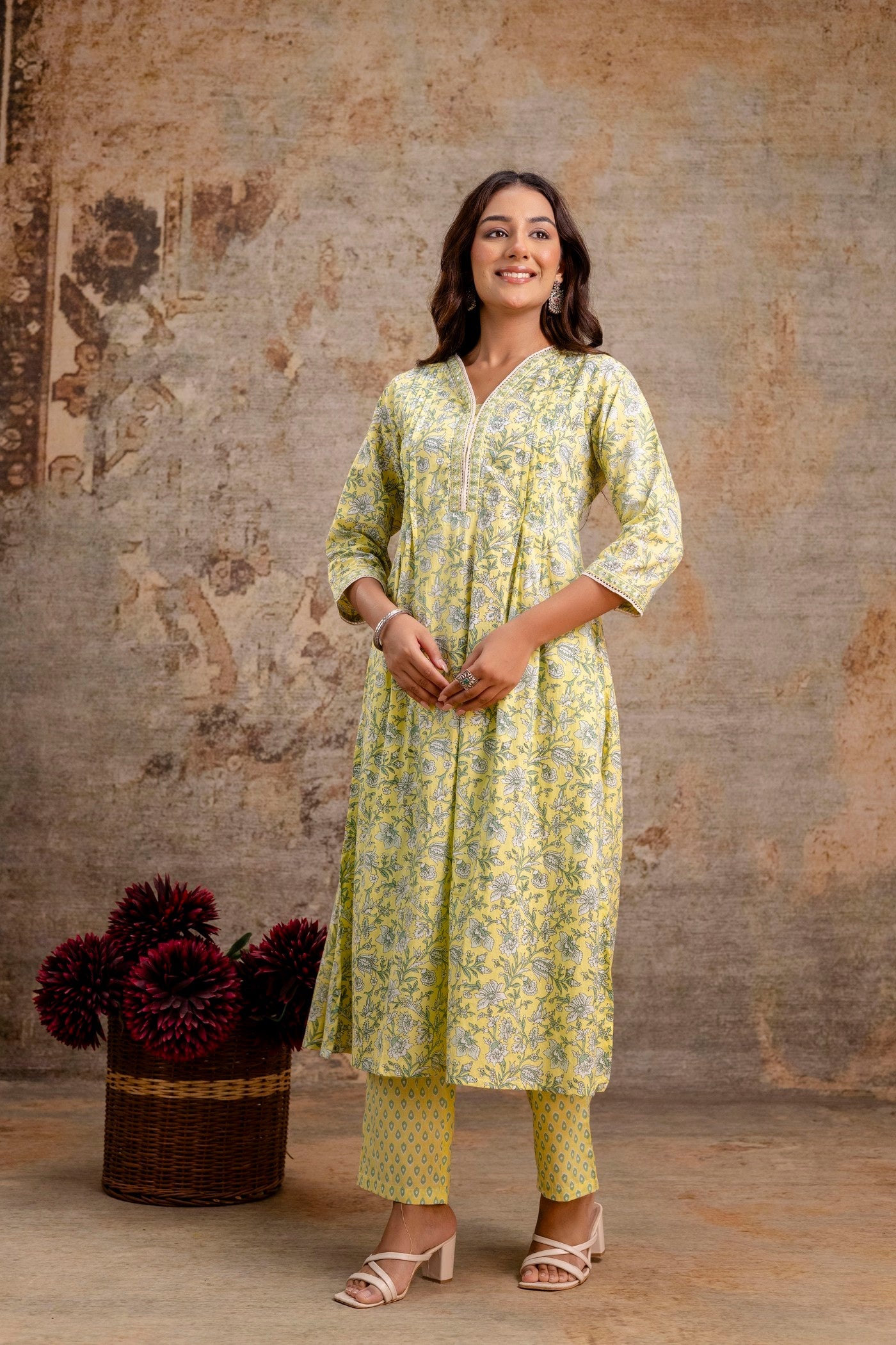 Closeup of yellow floral A-line kurta