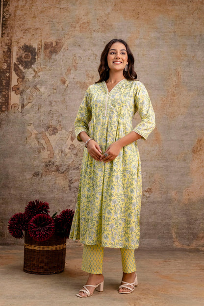 Closeup of yellow floral A-line kurta