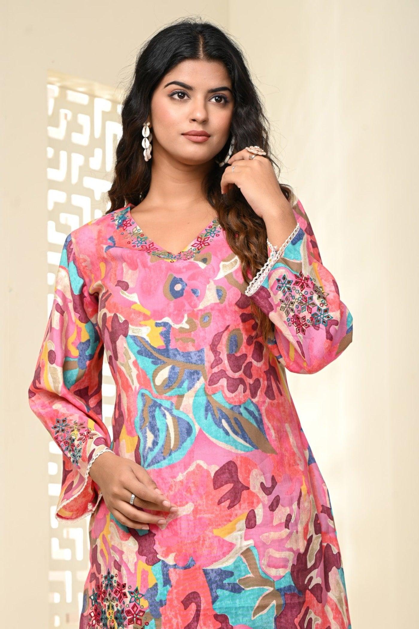 Pink Flower Cord Set for Women - Indo-Western Style | Neelufer Creation