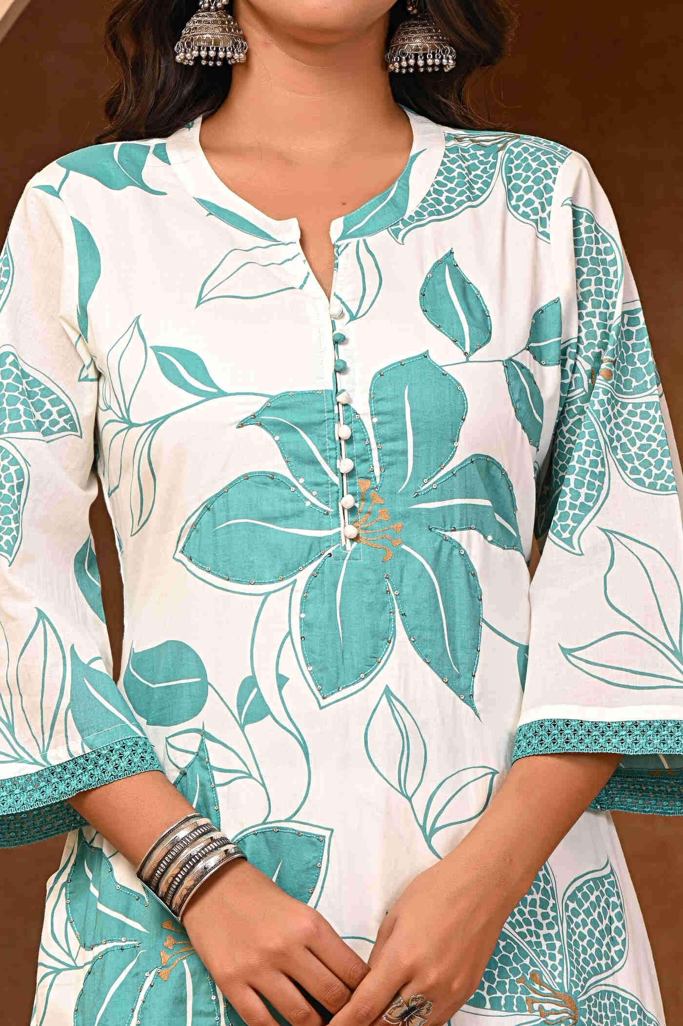 Teal floral kurta pant set cotton fabric
