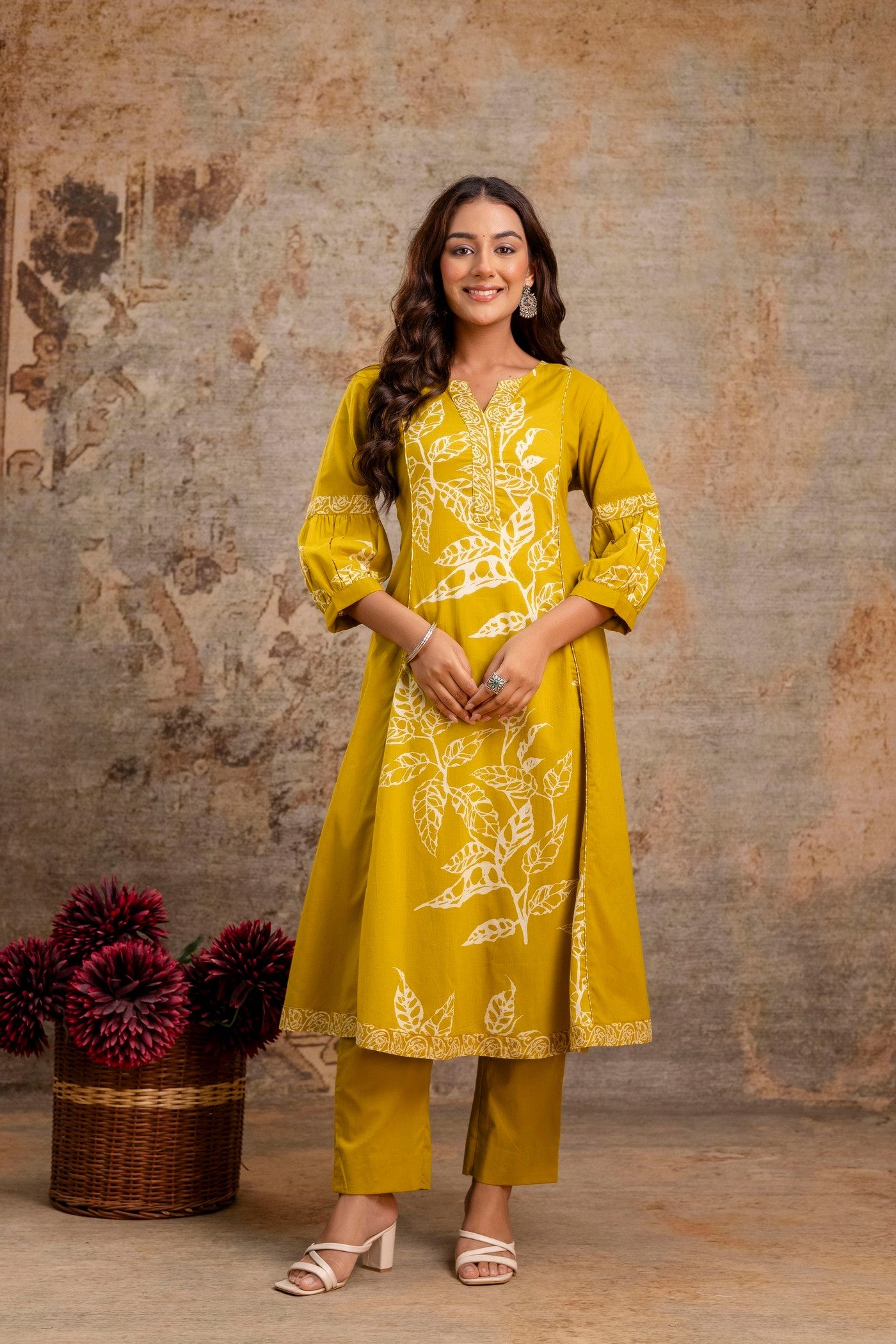 Cotton A-line kurta with handblock pattern