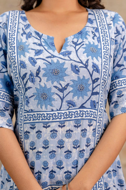 Cotton ethnic wear with blue flower motifs
