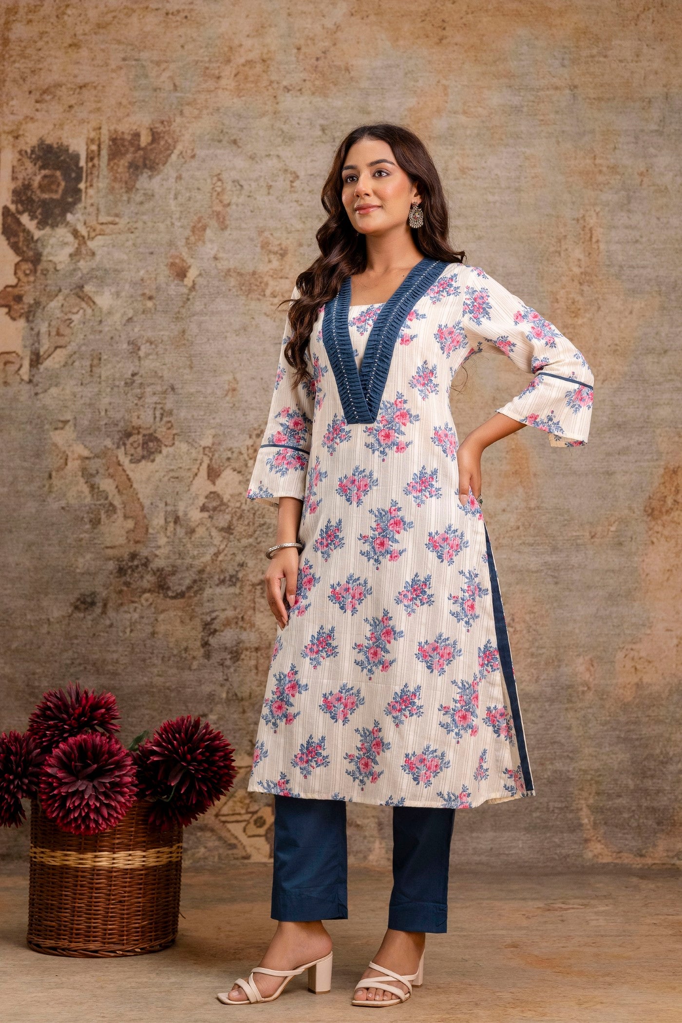 Cotton kurta and pant set with detailed neckline
