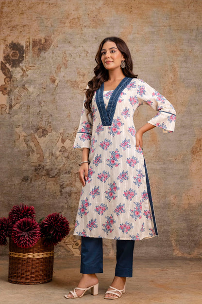 Cotton kurta and pant set with detailed neckline