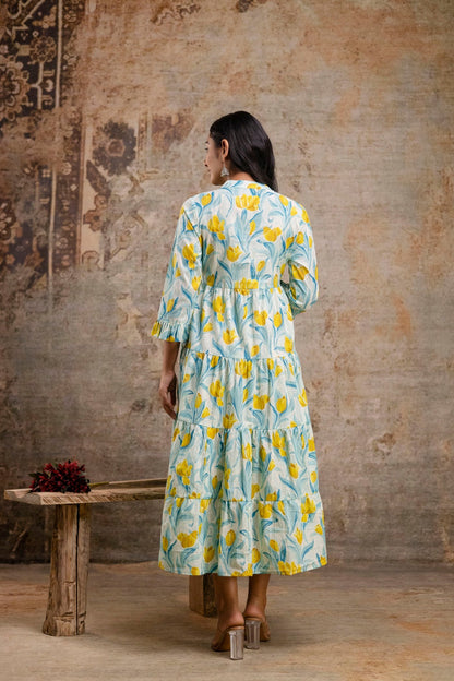 Front view of yellow floral printed middy dress