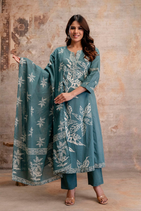 Green cotton dupatta set women ethnic wear