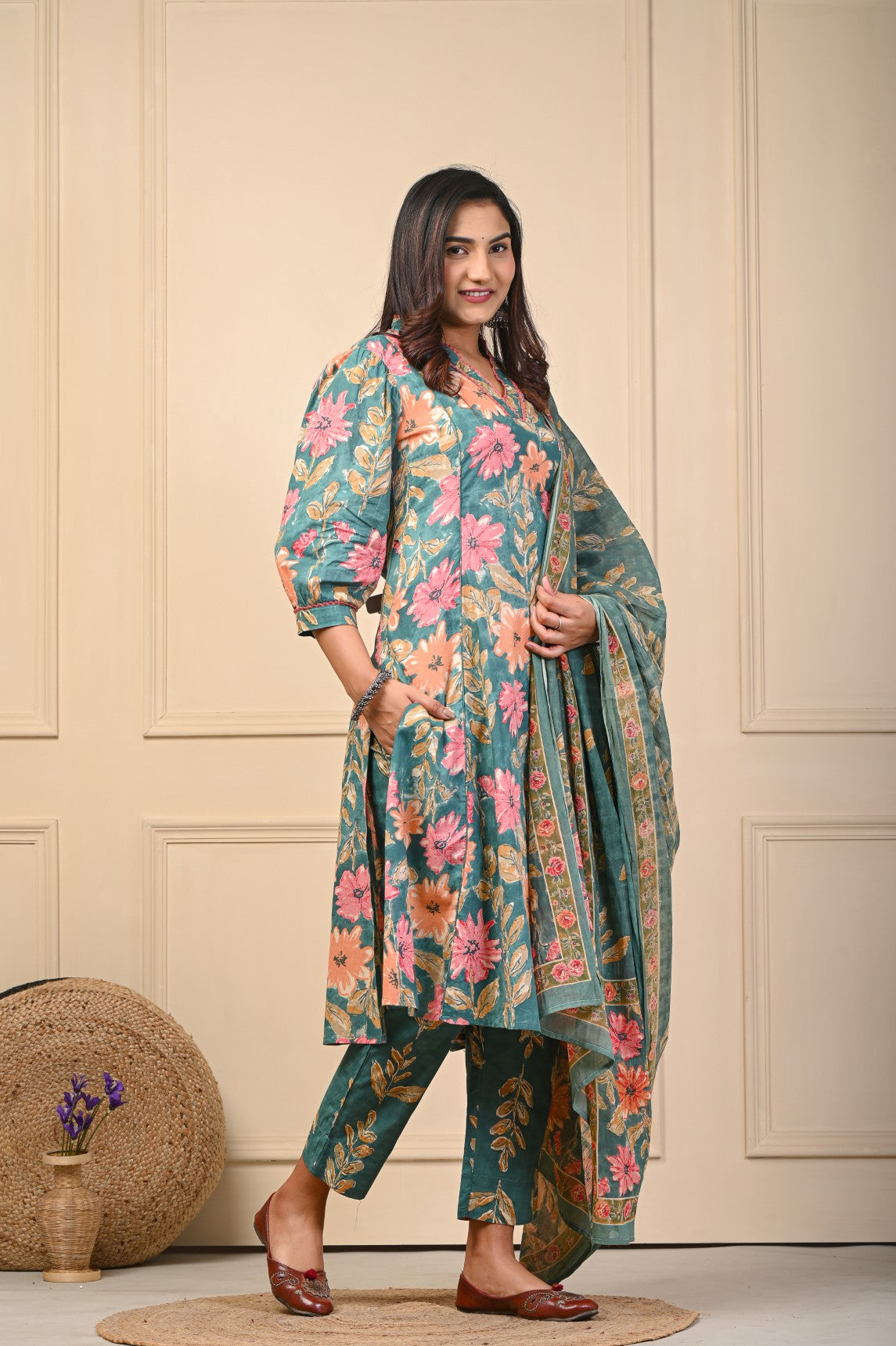 Mehreen Green Jaipuri Cotton Dupatta Set – Women Ethnic Wear Manufacturer