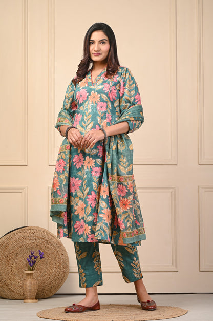 Mehreen Green Jaipuri Cotton Dupatta Set – Women Ethnic Wear Manufacturer