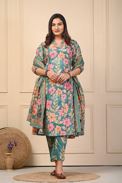Mehreen Green Jaipuri Cotton Dupatta Set – Women Ethnic Wear Manufacturer