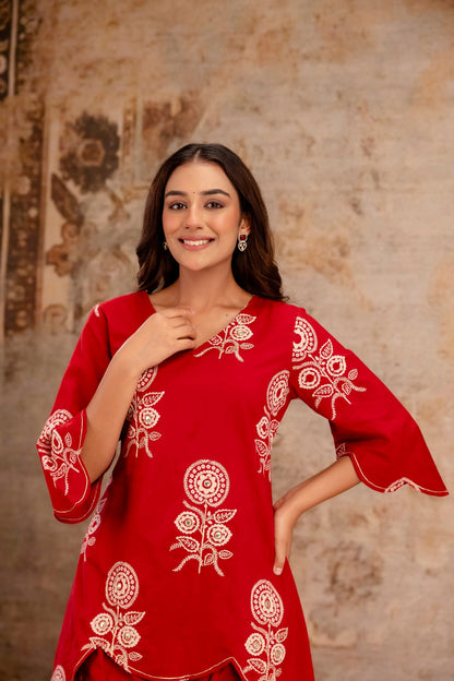 Designer embroidered tulip pant set in red