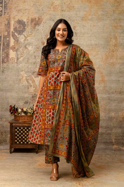 Ethnic cotton dress with rust and olive tones