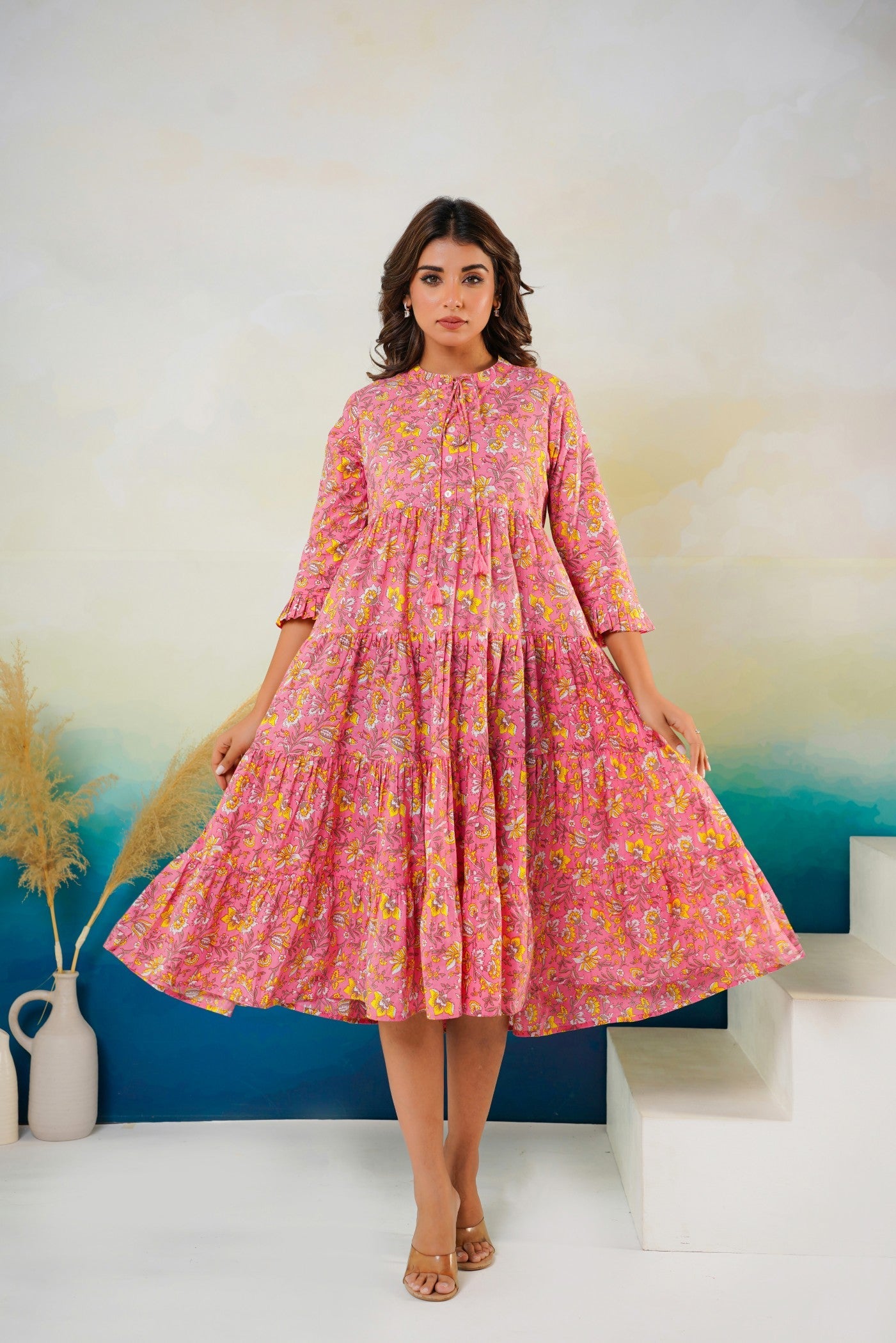 Pink cotton midi dress manufacturer India