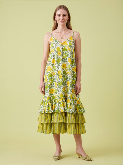 Green Floral Cotton Middy Dress Women Wear Wholesale Manufacturer India
