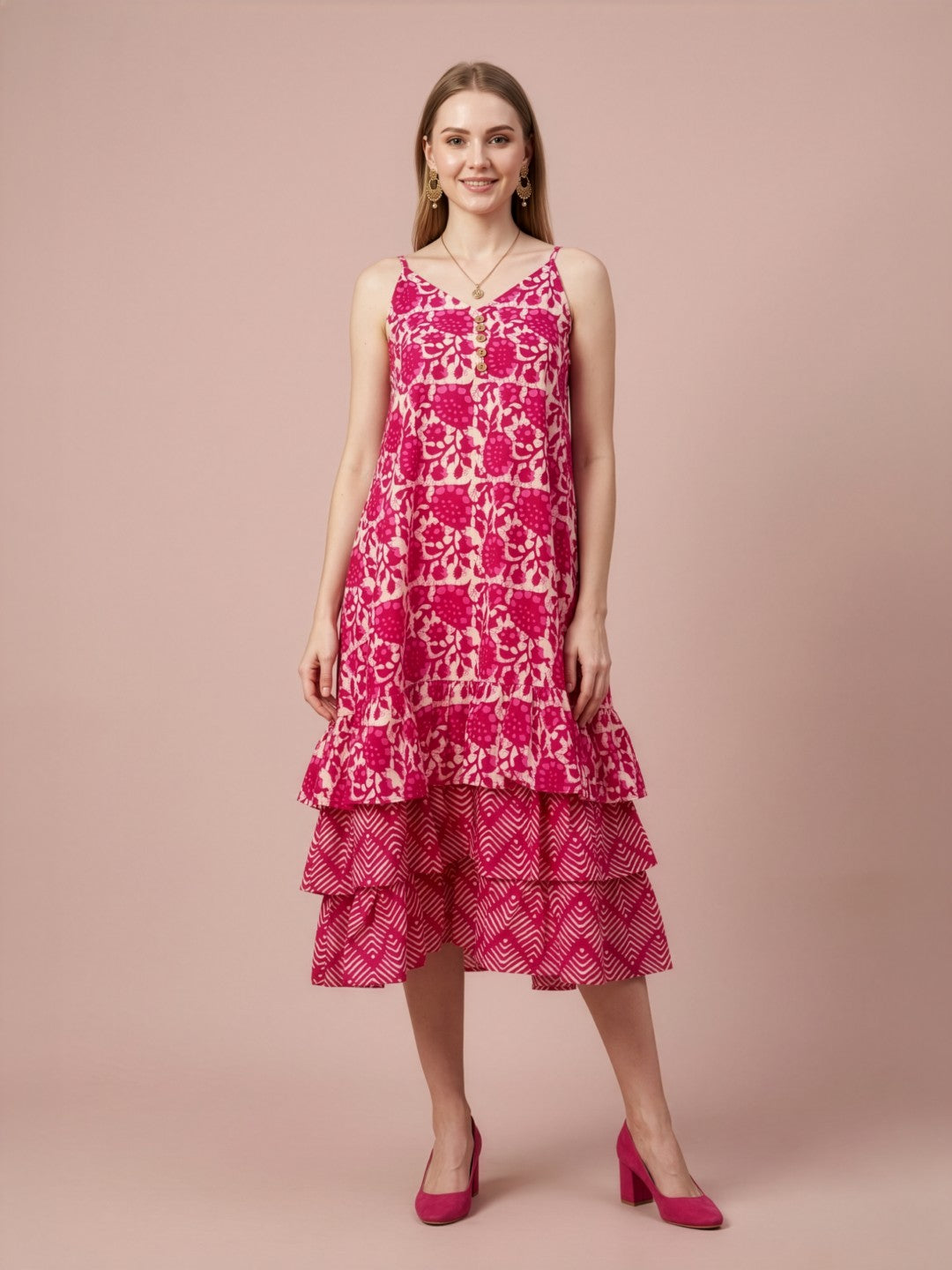 Pink Printed Cotton Middy Dress with Layered Flare Hem