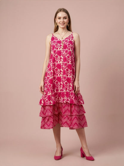 Pink Printed Cotton Middy Dress with Layered Flare Hem