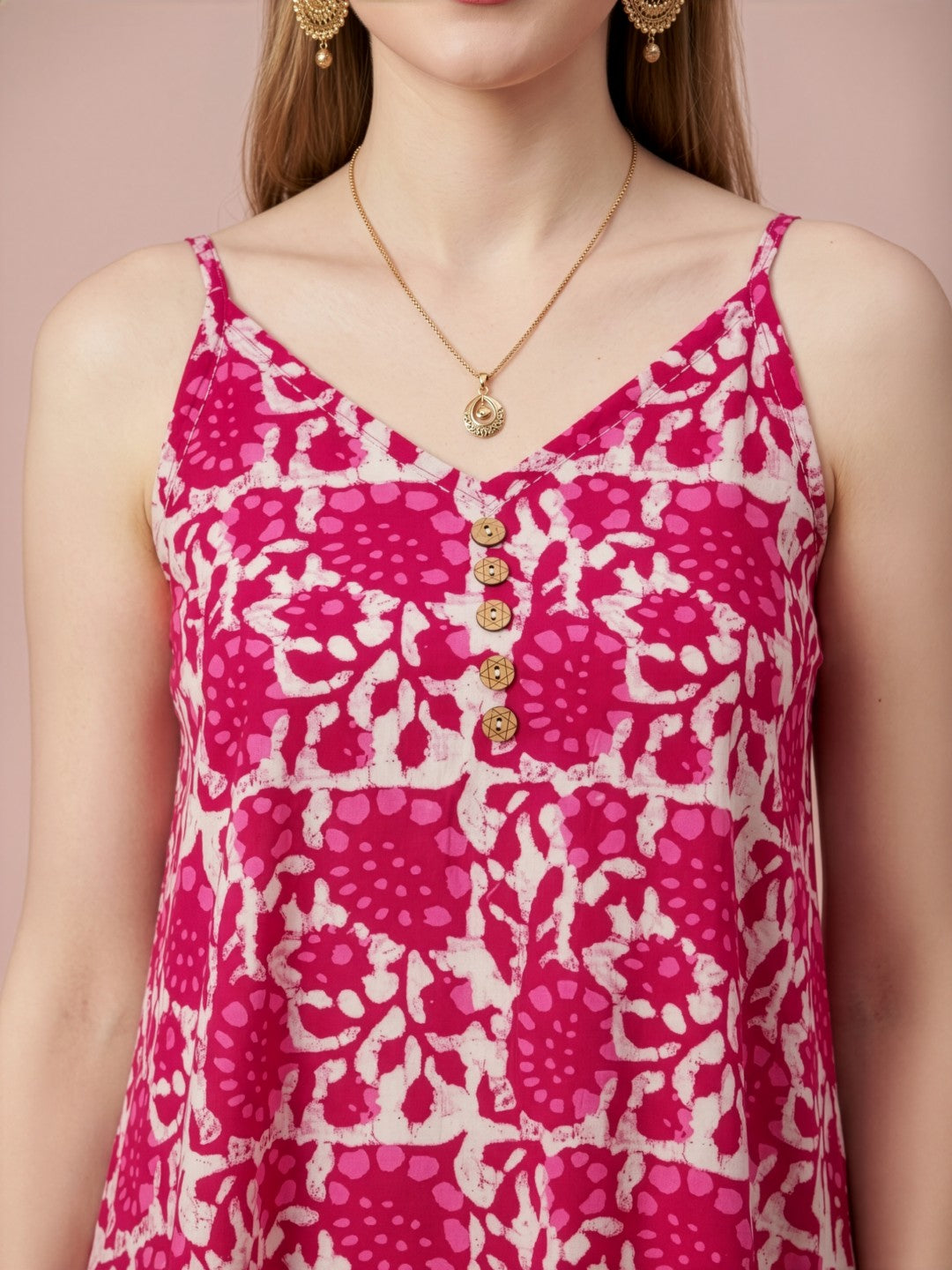 Pink Printed Cotton Middy Dress with Layered Flare Hem