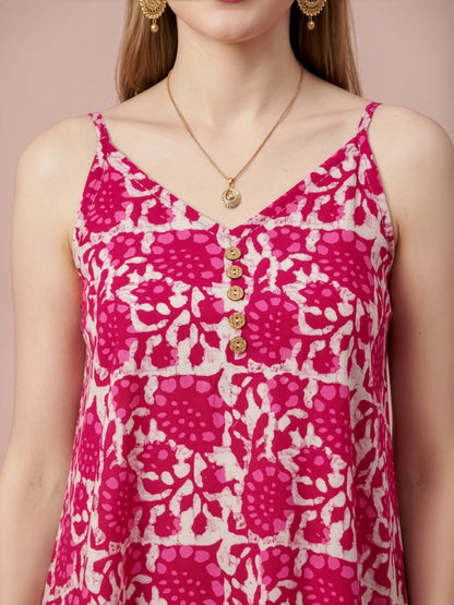 Pink Printed Cotton Middy Dress with Layered Flare Hem