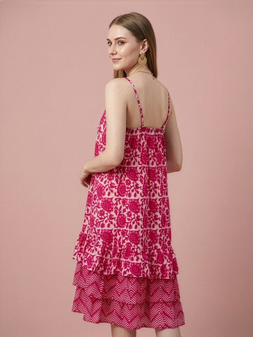 Pink Printed Cotton Middy Dress with Layered Flare Hem