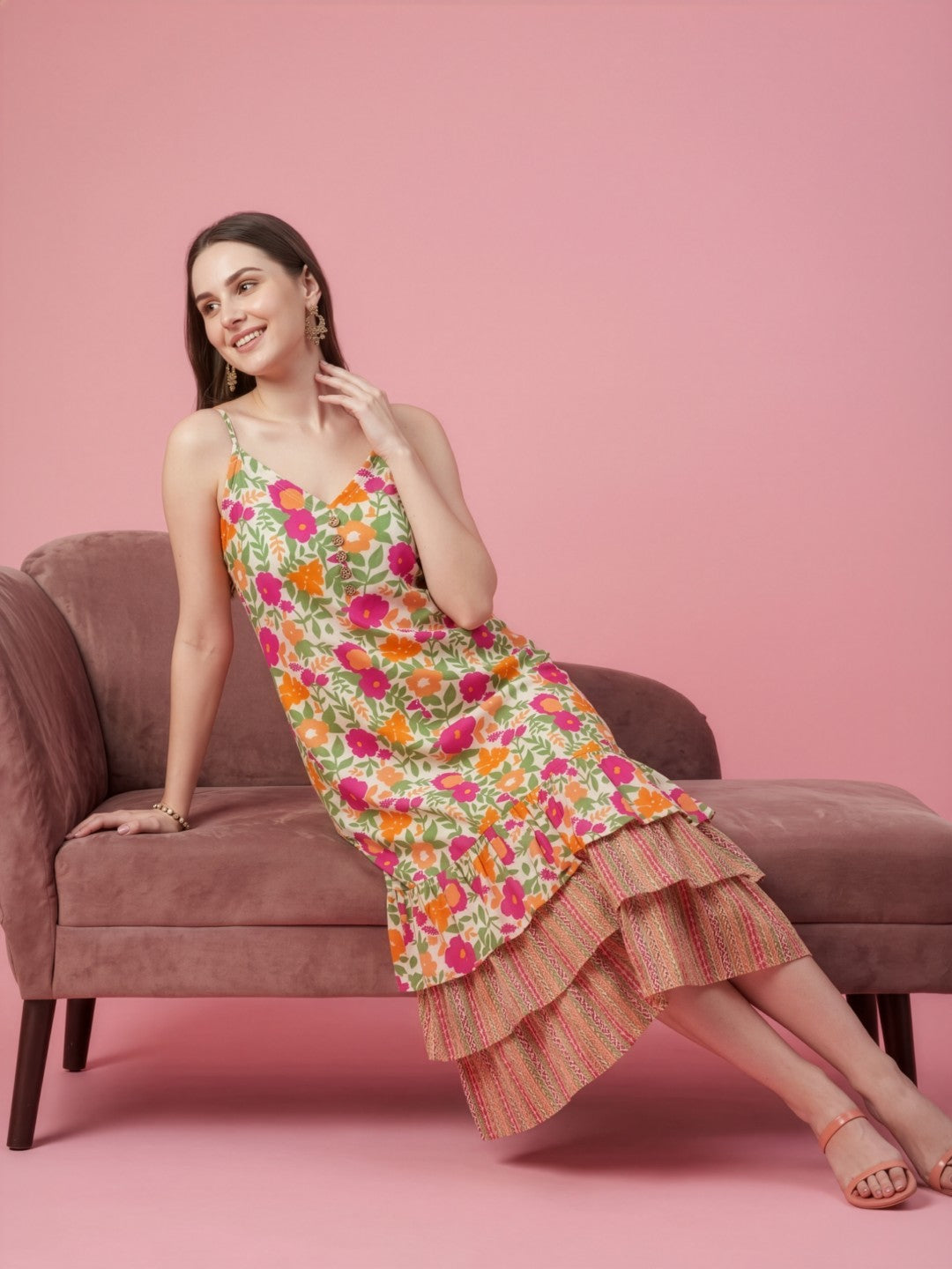 Multicolor Floral Cotton Middy Dress with Layered Tier Hem