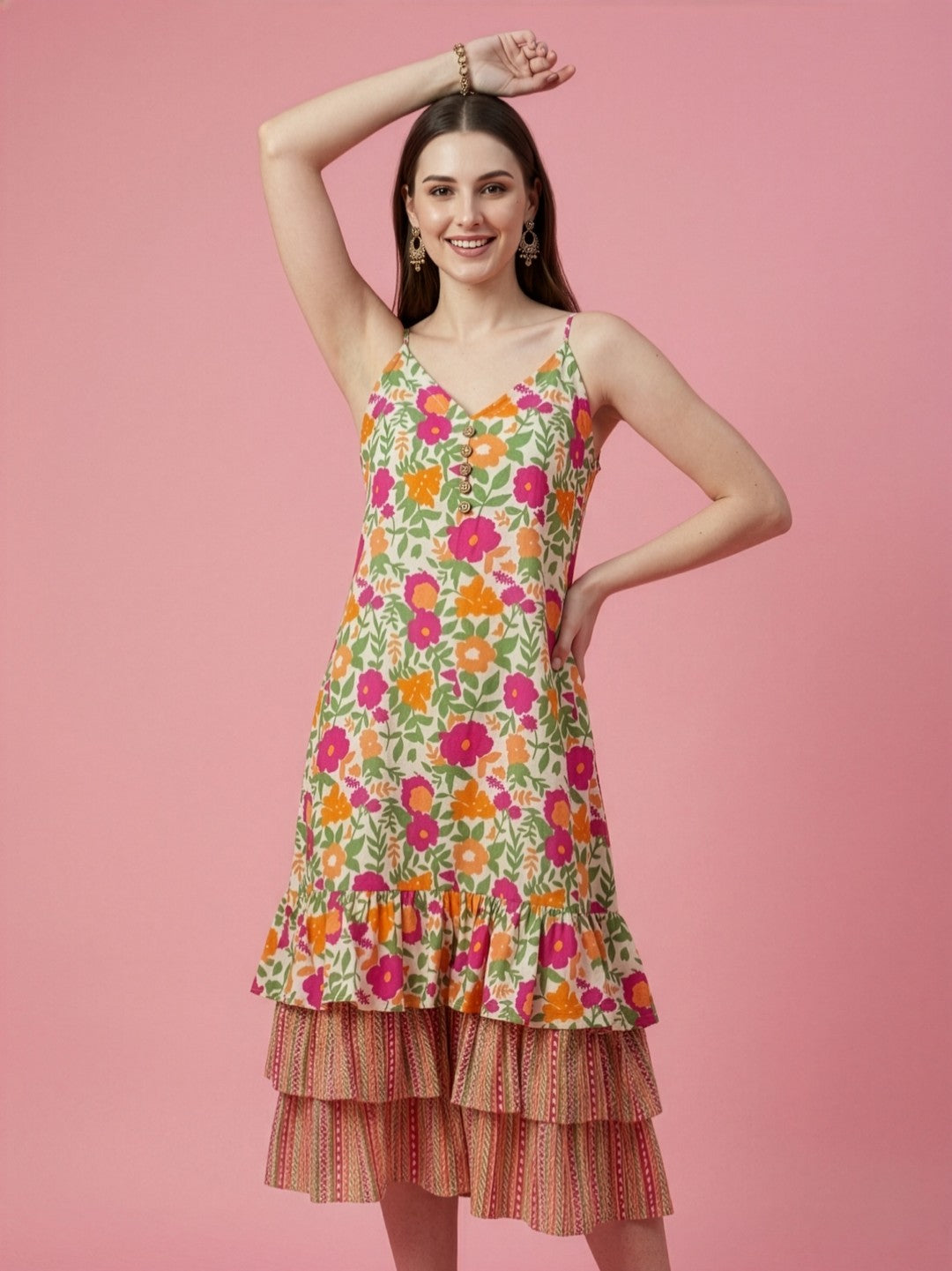 Multicolor Floral Cotton Middy Dress with Layered Tier Hem