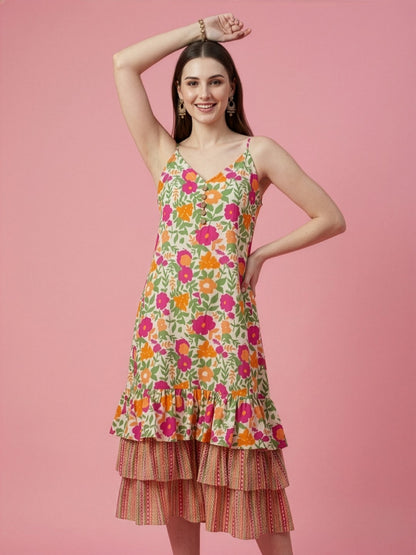 Multicolor Floral Cotton Middy Dress with Layered Tier Hem