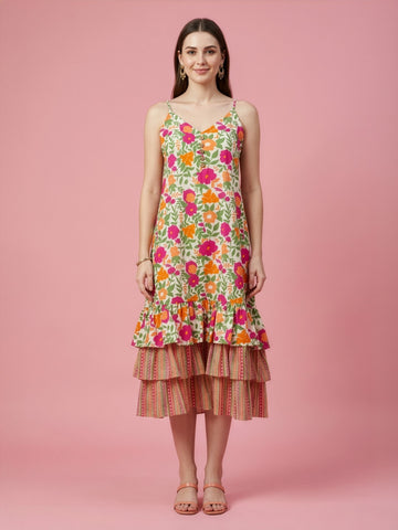 Multicolor Floral Cotton Middy Dress with Layered Tier Hem