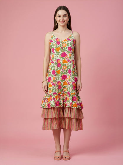 Multicolor Floral Cotton Middy Dress with Layered Tier Hem