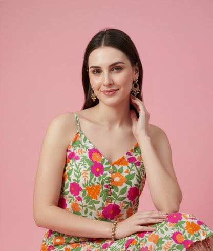 Multicolor Floral Cotton Middy Dress with Layered Tier Hem