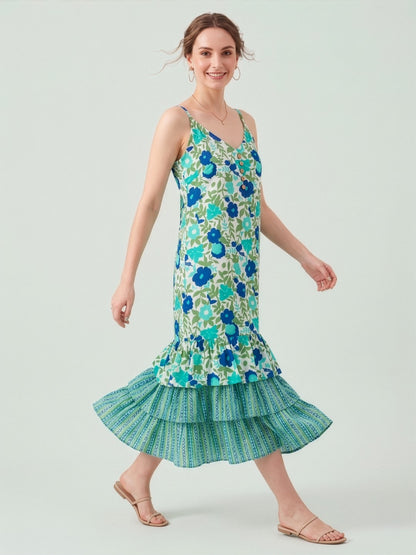 Blue Floral Cotton Middy Dress with Layered Tier Hem