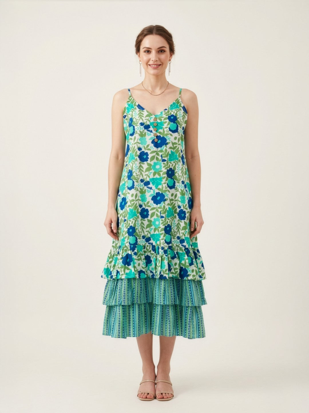 Blue Floral Cotton Middy Dress with Layered Tier Hem