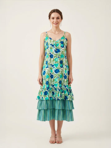 Blue Floral Cotton Middy Dress with Layered Tier Hem