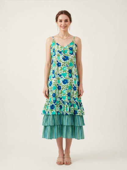 Blue Floral Cotton Middy Dress with Layered Tier Hem