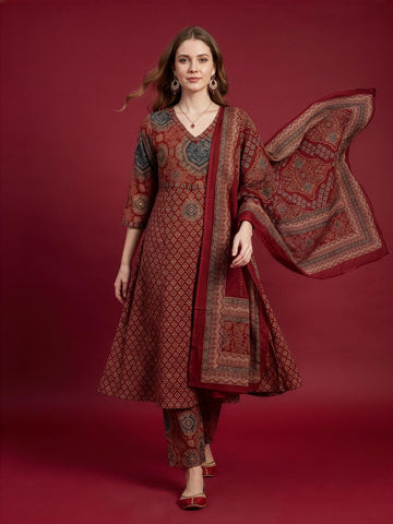 Wholesale Maroon Printed Cotton Kurta Set with Dupatta Manufacturer India