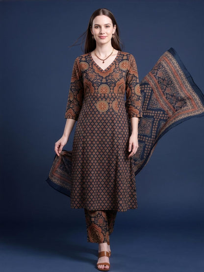 Navy Blue Printed Cotton Kurta Set Women Wear Manufacturer India